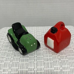 Green Toy Lawn Mower and Red Gas Can Ceramic Salt & Pepper Shakers